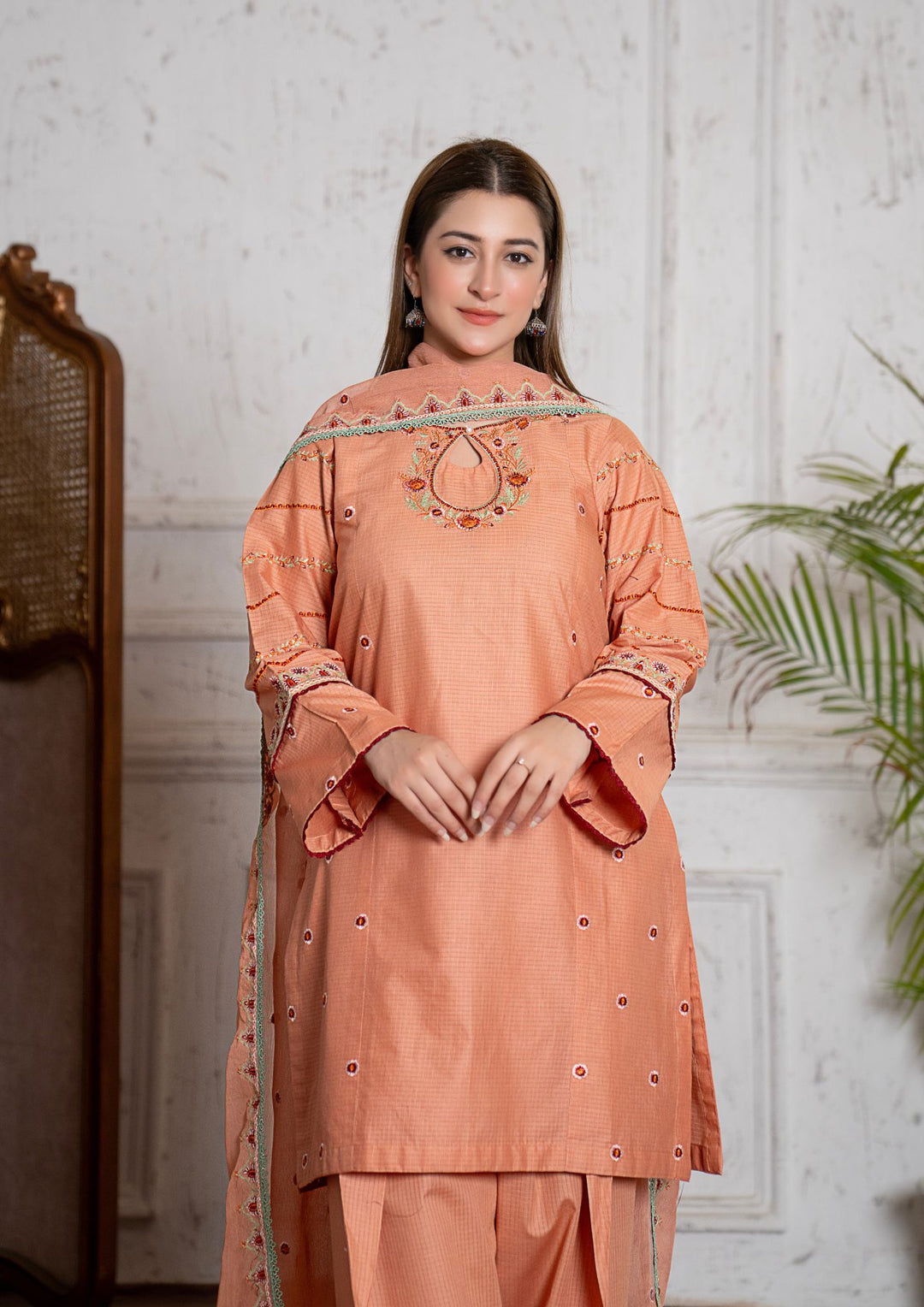 3Pc Multi Embroidered Lawn with Chiffon Dupatta Peach RIW-R26-0042
