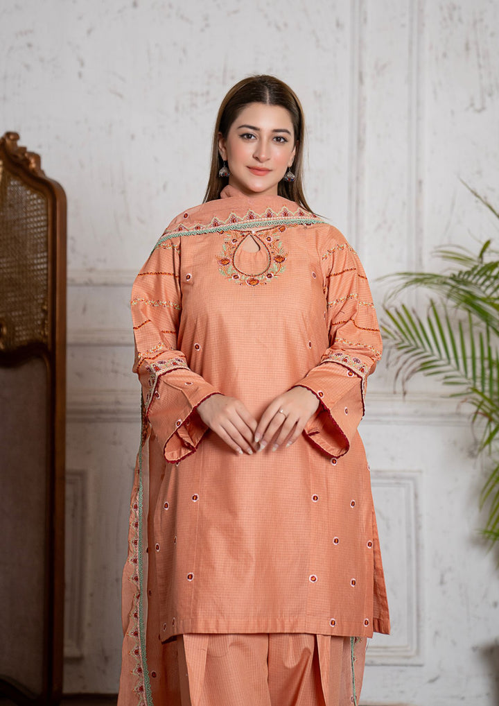 3Pc Multi Embroidered Lawn with Chiffon Dupatta Peach RIW-R26-0042