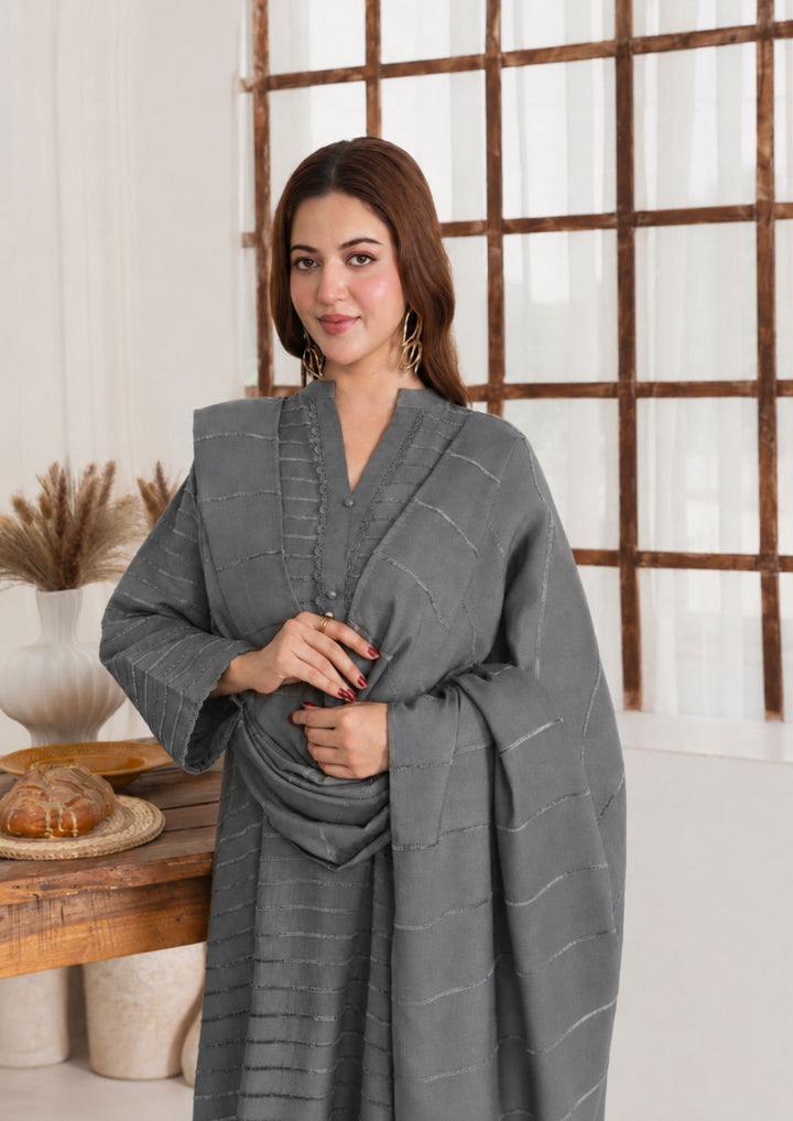 3pc Alpine Velvet Shirt with Velvet Border Shawl and Plain Trouser Grey AML-W26-0001