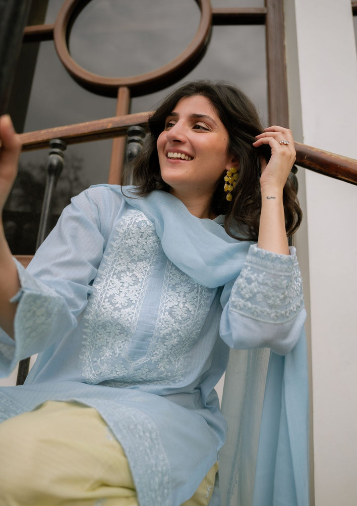 3Pc Ice Blue Embroidered Lawn with Chiffon Dupatta RIW-R26-0006