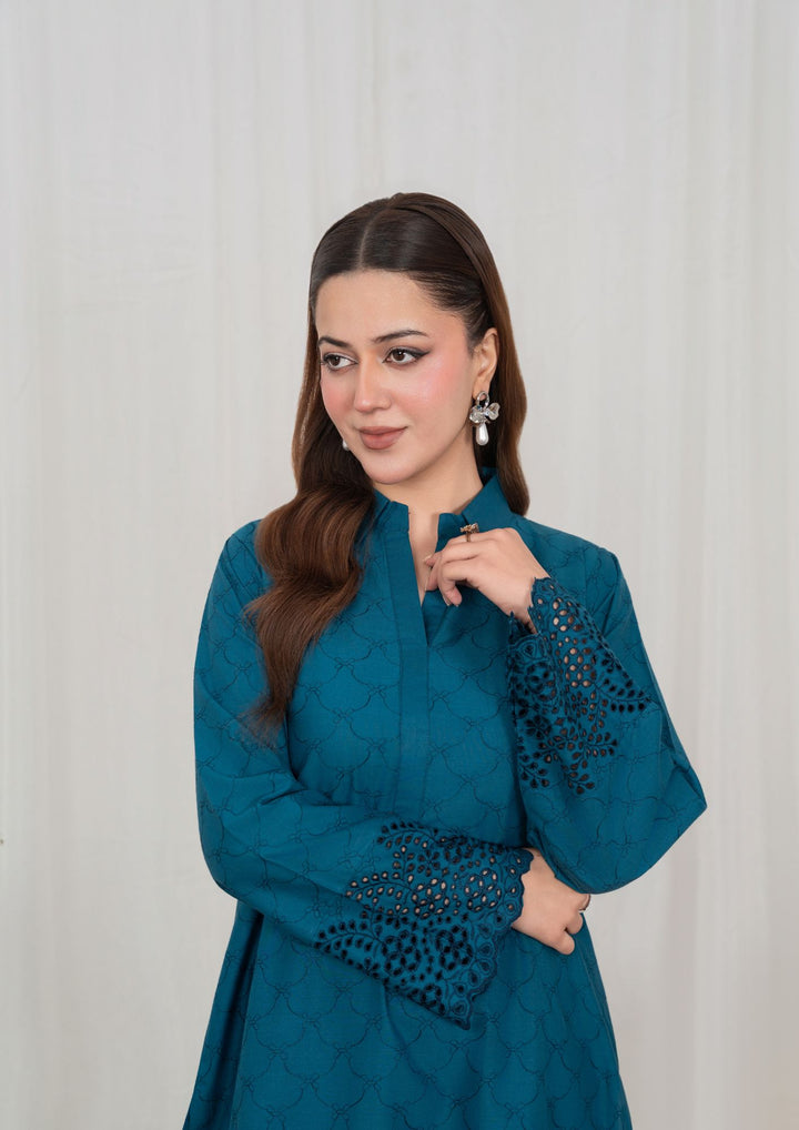 2pc Schiffli Embroidered Cambric Teal Set JASHAN-J26-0045