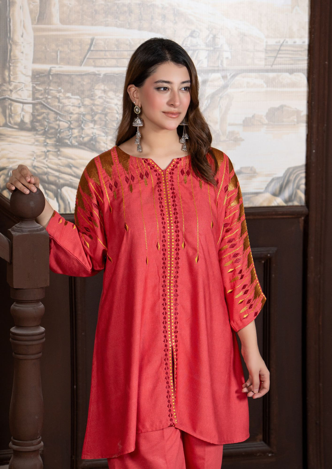 2Pc Multi Embroidered Alpine Marina Coral Pink SAY-W26-0029