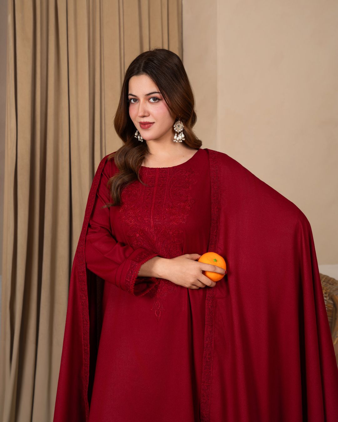 3pc Embroidered Alpine Karandi with Embroidered Border Shawl Maroon AML-W25-0102