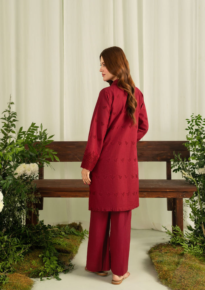 2pc Schiffli Embroidered Cambric Maroon Set Rozana-W25-0029