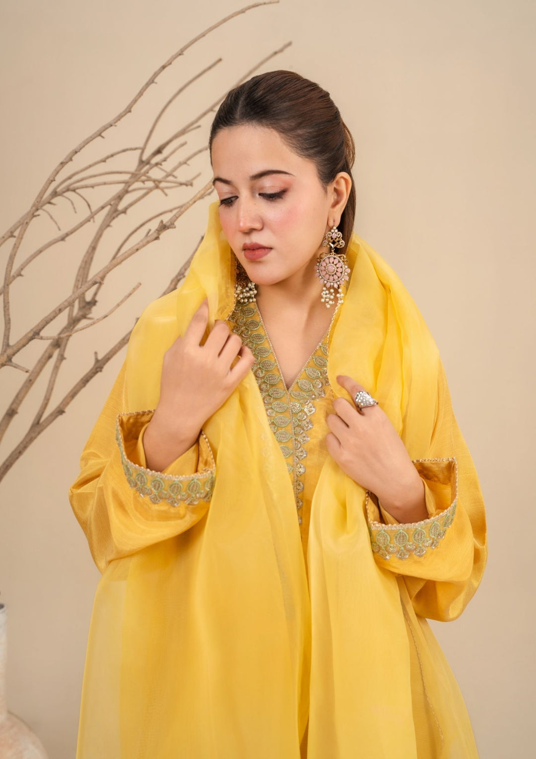 3-Piece Raw Silk Suit with Organza Dupatta & Farshi Shalwar | BASANT-B25-0004