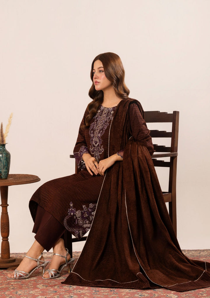 3Pc Alpine Velvet Tilla Embroidered with Velvet Shawl Chocolate AFP-A25-0006