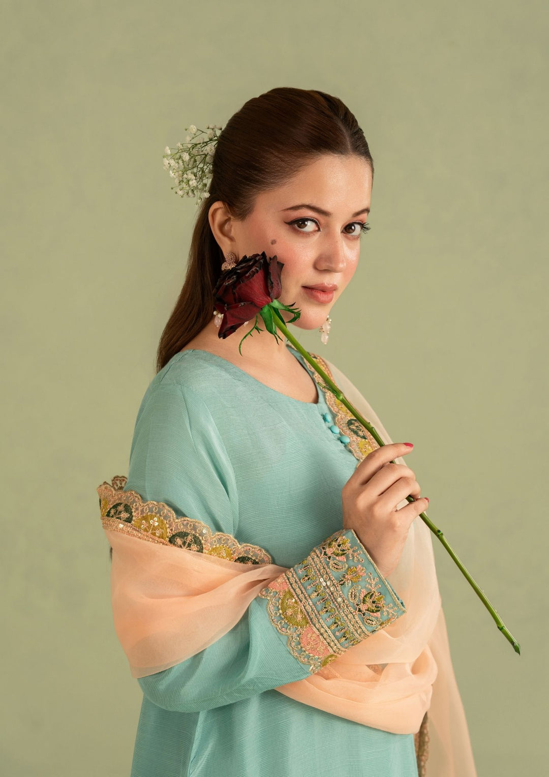 3Pc Embroidered Raw Silk with Organza Dupatta Sky Blue | LUXE-L25-0004