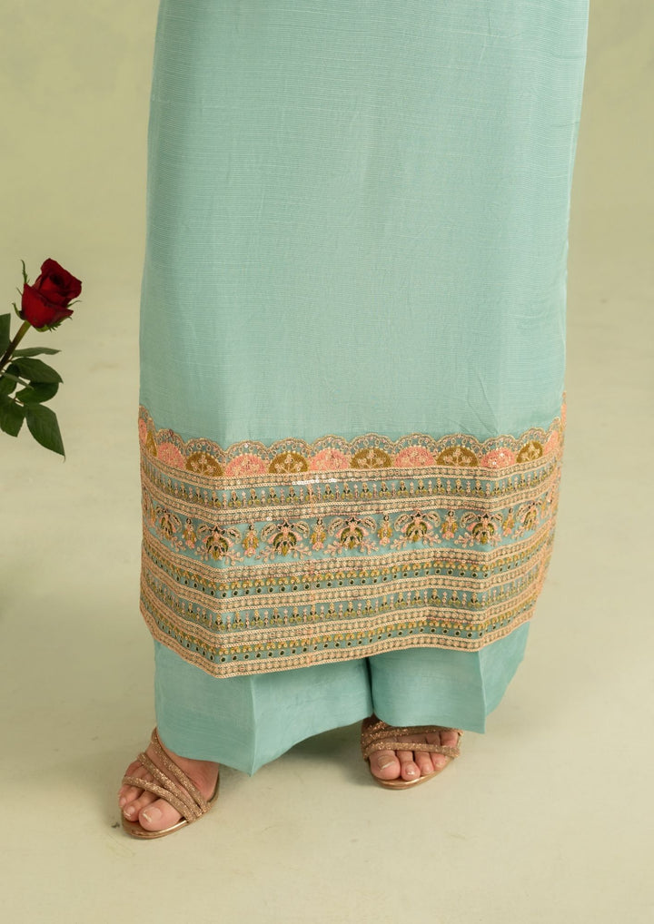 3Pc Embroidered Raw Silk with Organza Dupatta Sky Blue | LUXE-L25-0004
