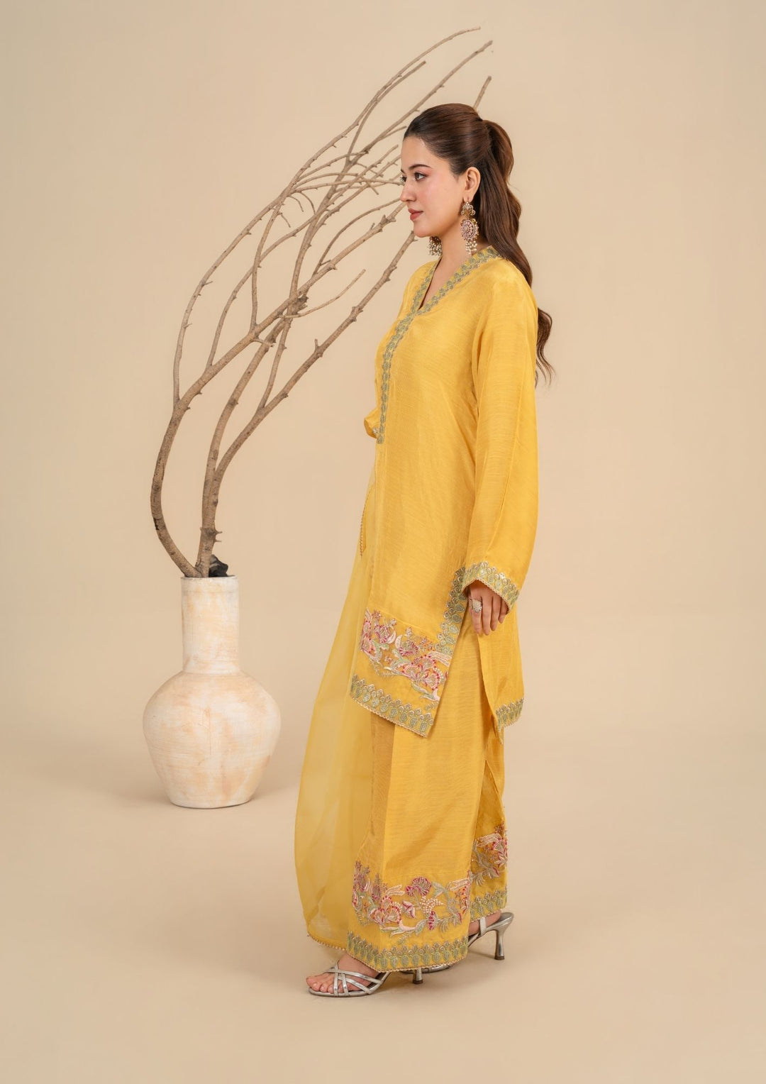 3-Piece Raw Silk Suit with Organza Dupatta & Farshi Shalwar | BASANT-B25-0004
