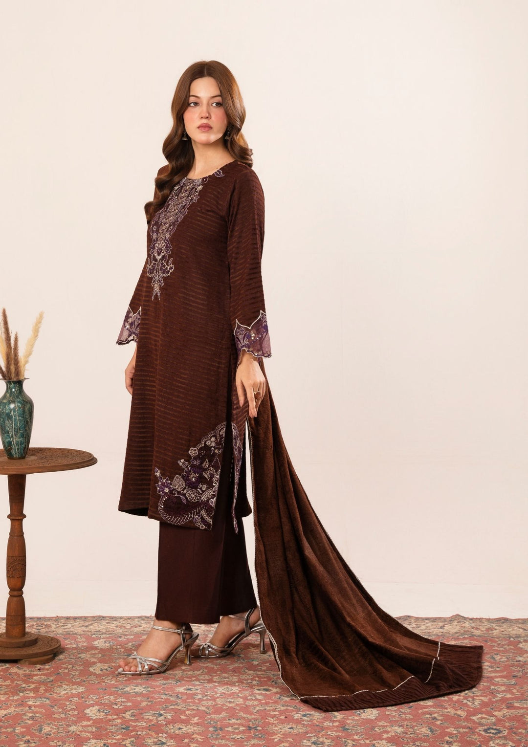 3Pc Alpine Velvet Tilla Embroidered with Velvet Shawl Chocolate AFP-A25-0006
