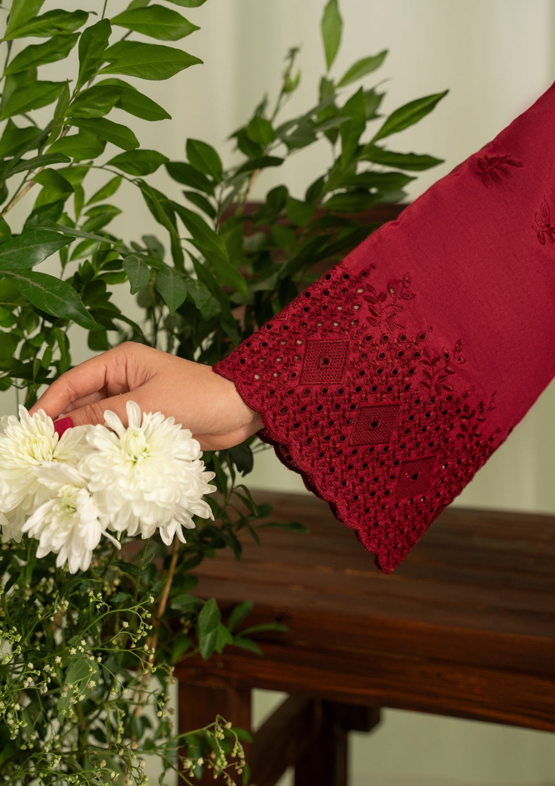 2pc Schiffli Embroidered Cambric Maroon Set Rozana-W25-0029