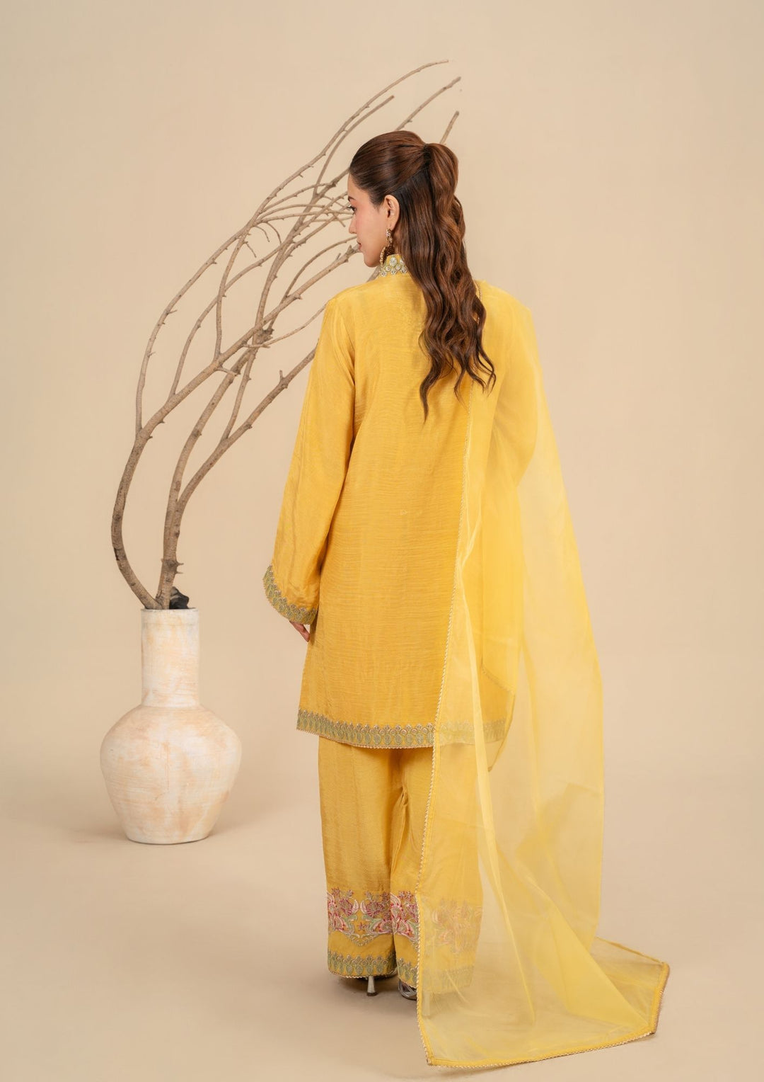 3-Piece Raw Silk Suit with Organza Dupatta & Farshi Shalwar | BASANT-B25-0004