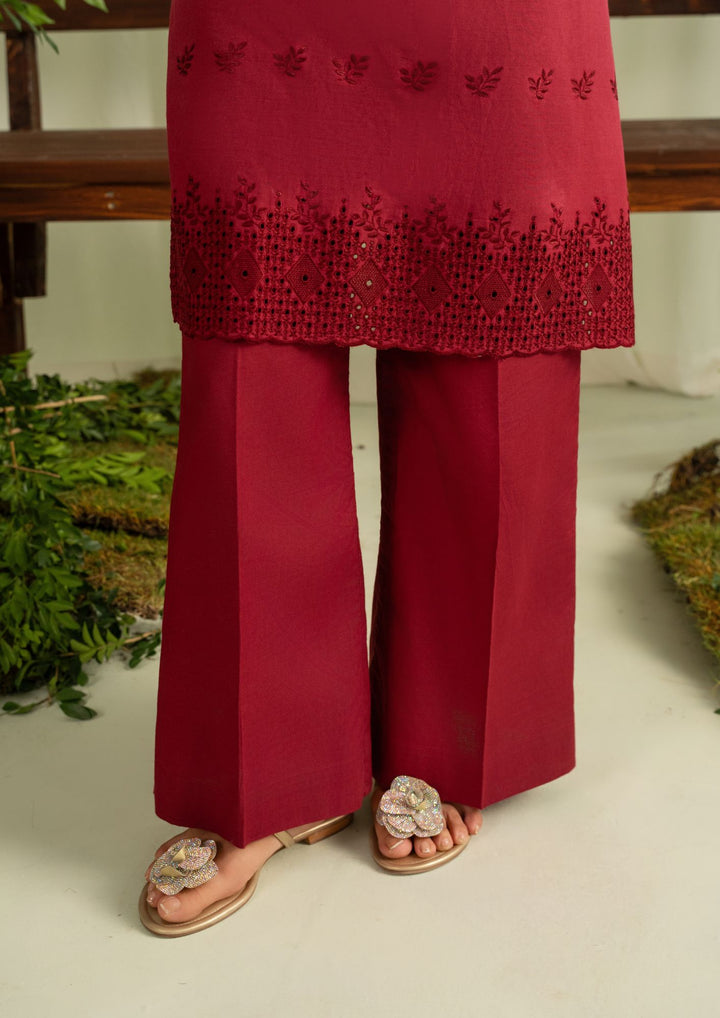 2pc Schiffli Embroidered Cambric Maroon Set Rozana-W25-0029