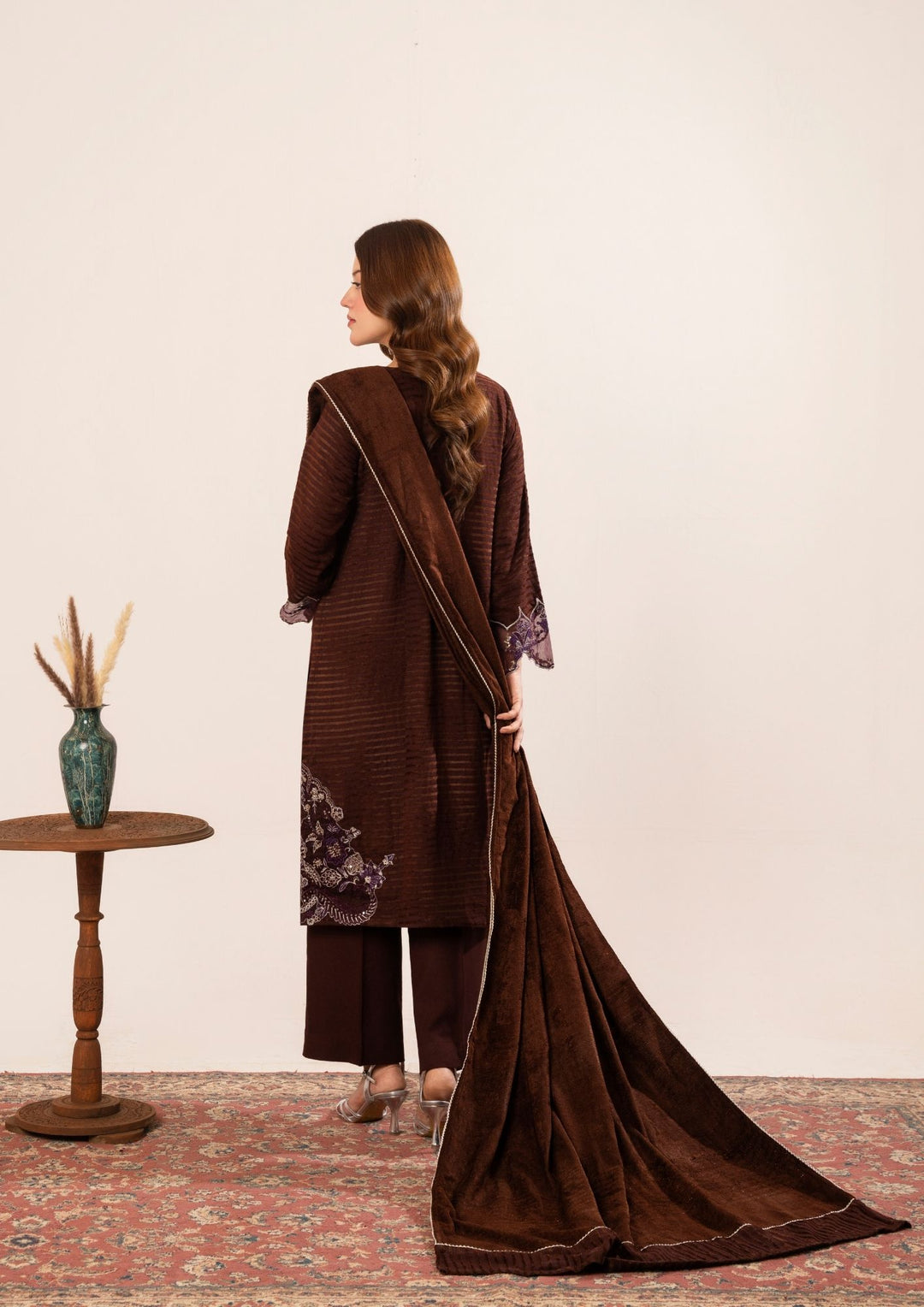 3Pc Alpine Velvet Tilla Embroidered with Velvet Shawl Chocolate AFP-A25-0006