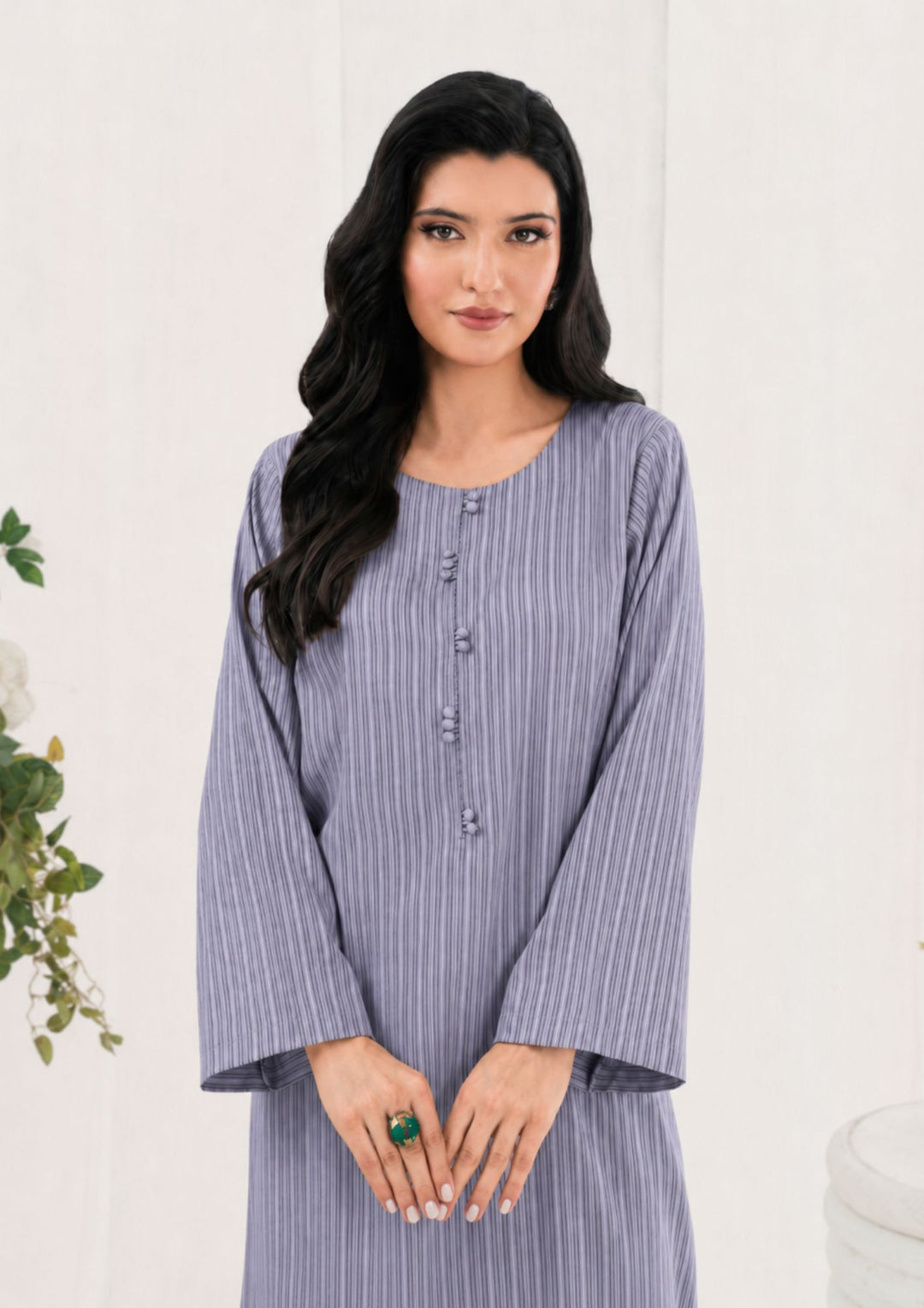 1Pc Black Stripe Bubble Lawn Tunic SOLID-R24-0014