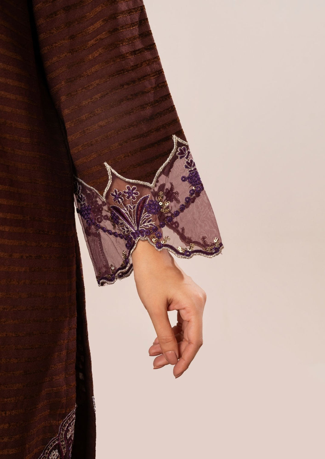 3Pc Alpine Velvet Tilla Embroidered with Velvet Shawl Chocolate AFP-A25-0006