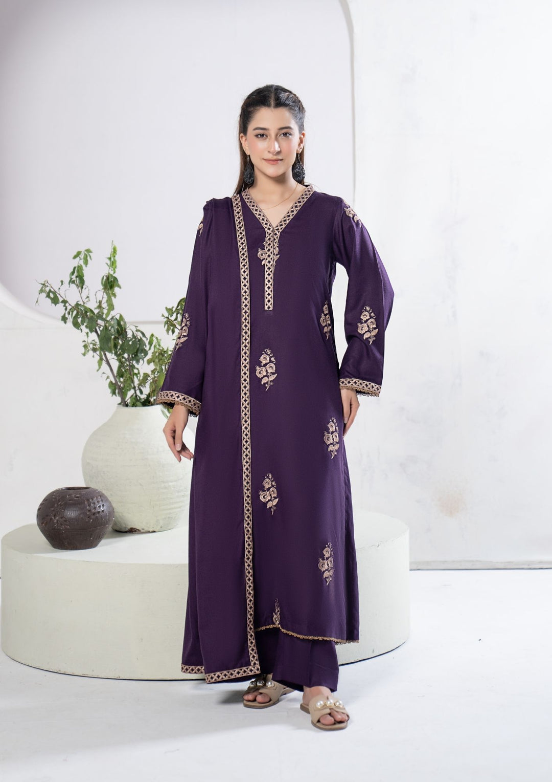 3Pc Embroidered Alpine Karandi Plum SAY-W26-0006