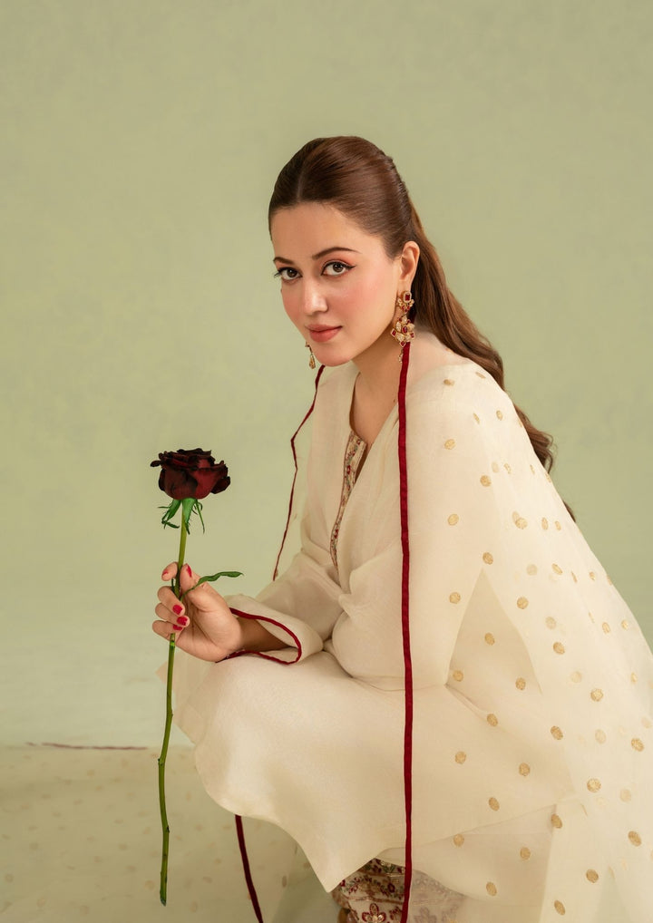 3Pc Embroidered Raw Silk with Organza Dupatta Cream | LUXE-L25-0001