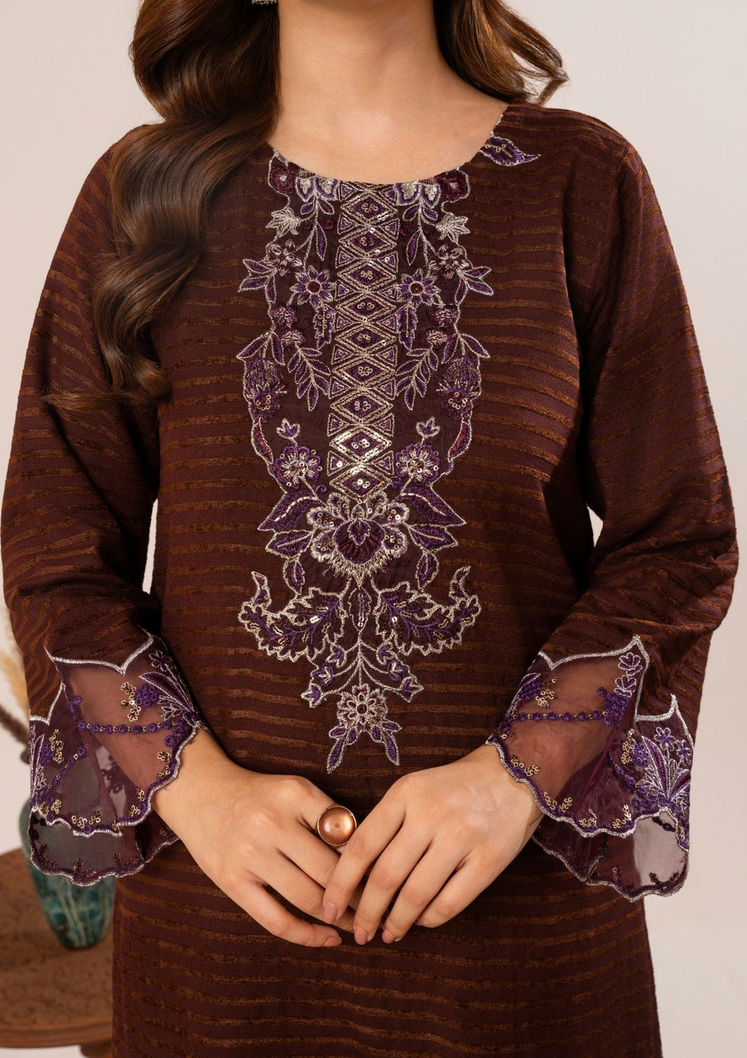 3Pc Alpine Velvet Tilla Embroidered with Velvet Shawl Chocolate AFP-A25-0006