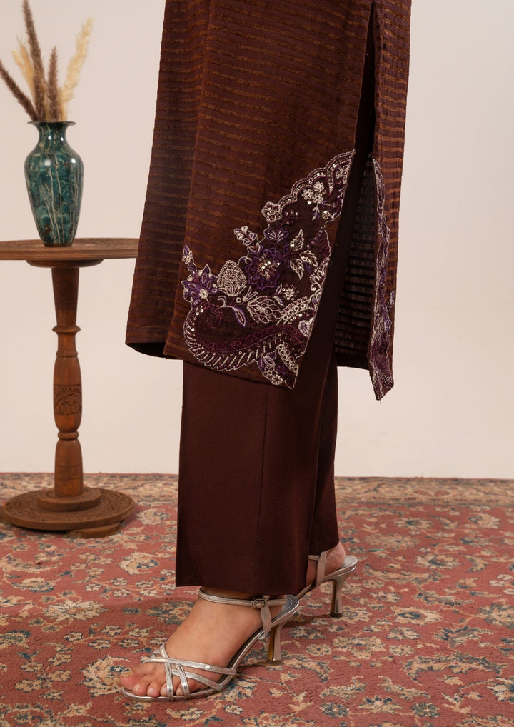 3Pc Alpine Velvet Tilla Embroidered with Velvet Shawl Chocolate AFP-A25-0006
