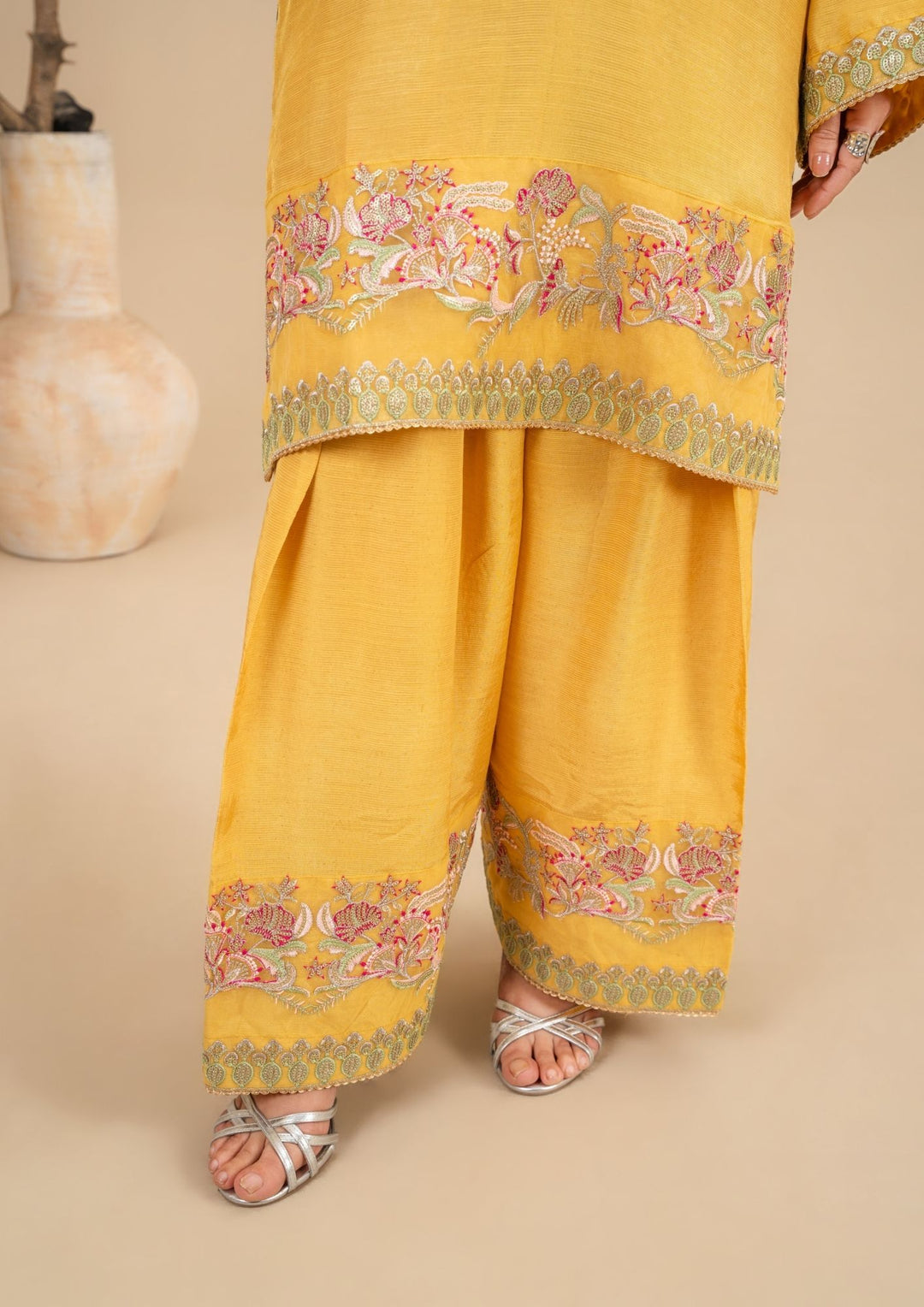 3-Piece Raw Silk Suit with Organza Dupatta & Farshi Shalwar | BASANT-B25-0004