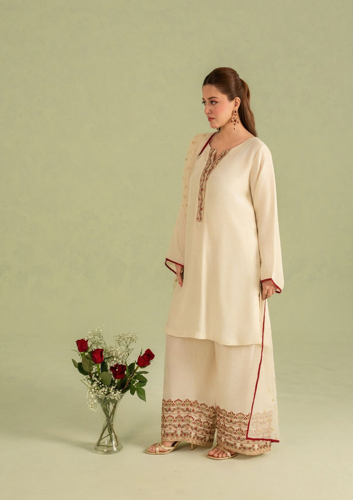 3Pc Embroidered Raw Silk with Organza Dupatta Cream | LUXE-L25-0001