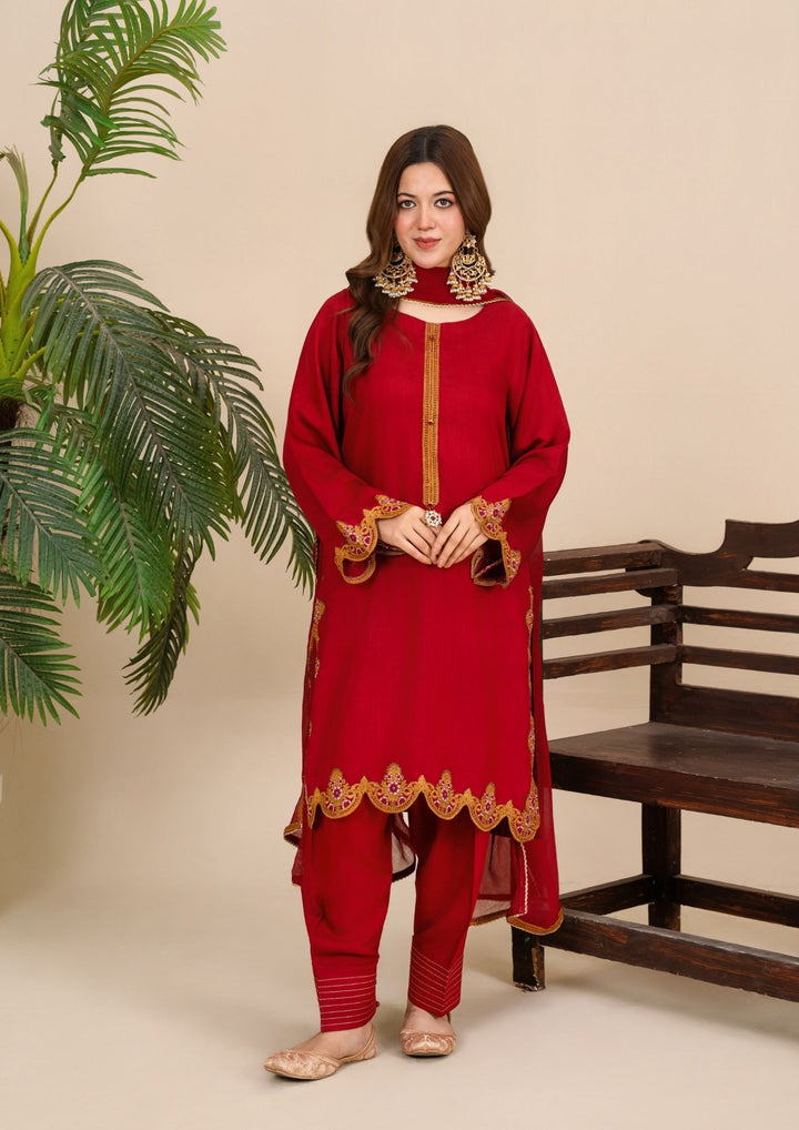 3Pc Embroidered Silk Viscose with Shalwar Red JASHAN-J26-0020