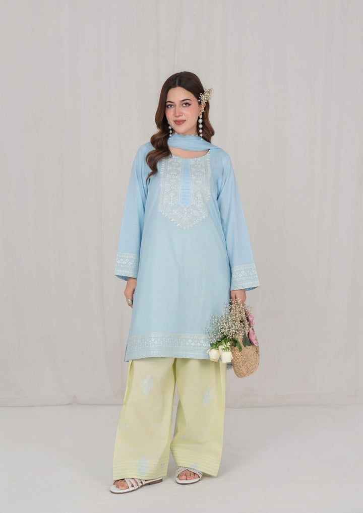 3Pc Ice Blue Embroidered Lawn with Chiffon Dupatta RIW-R26-0006