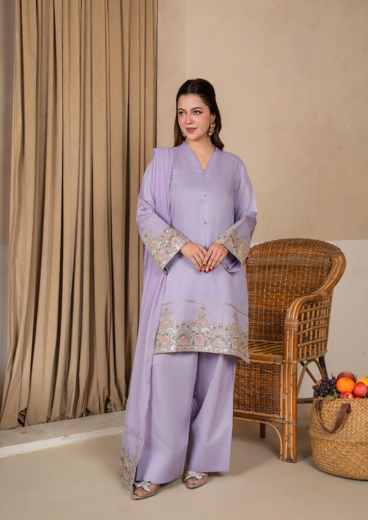 3Pc Embroidered Silk Viscose with Farshi Shalwar Lilac JASHAN-J26-0006