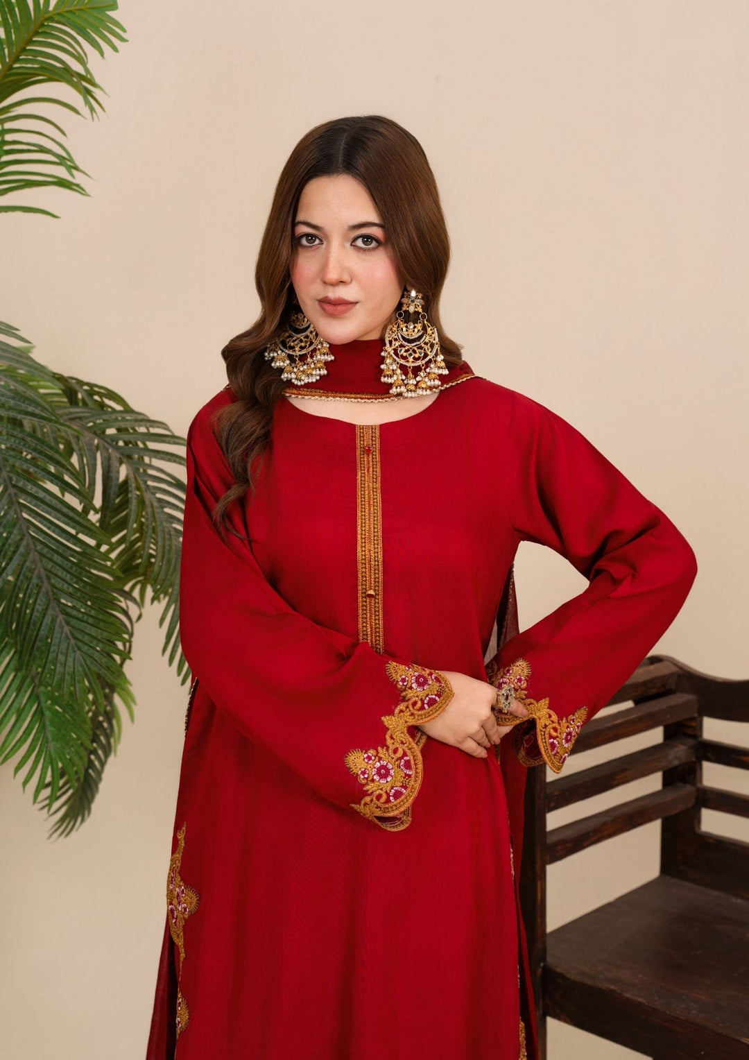 3Pc Embroidered Silk Viscose with Shalwar Red JASHAN-J26-0020