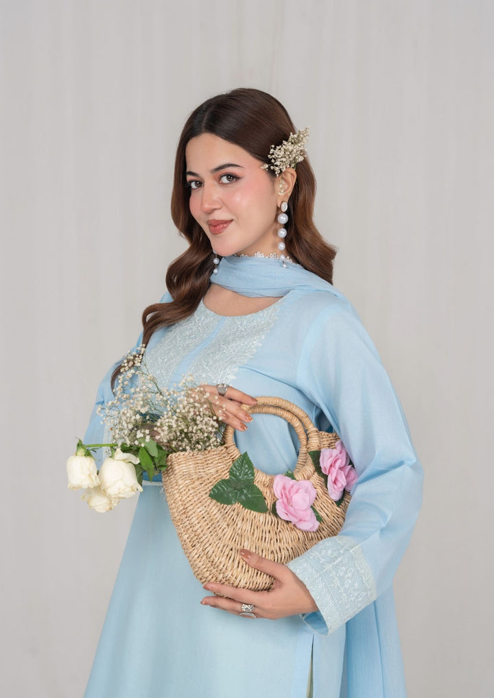 3Pc Ice Blue Embroidered Lawn with Chiffon Dupatta RIW-R26-0006
