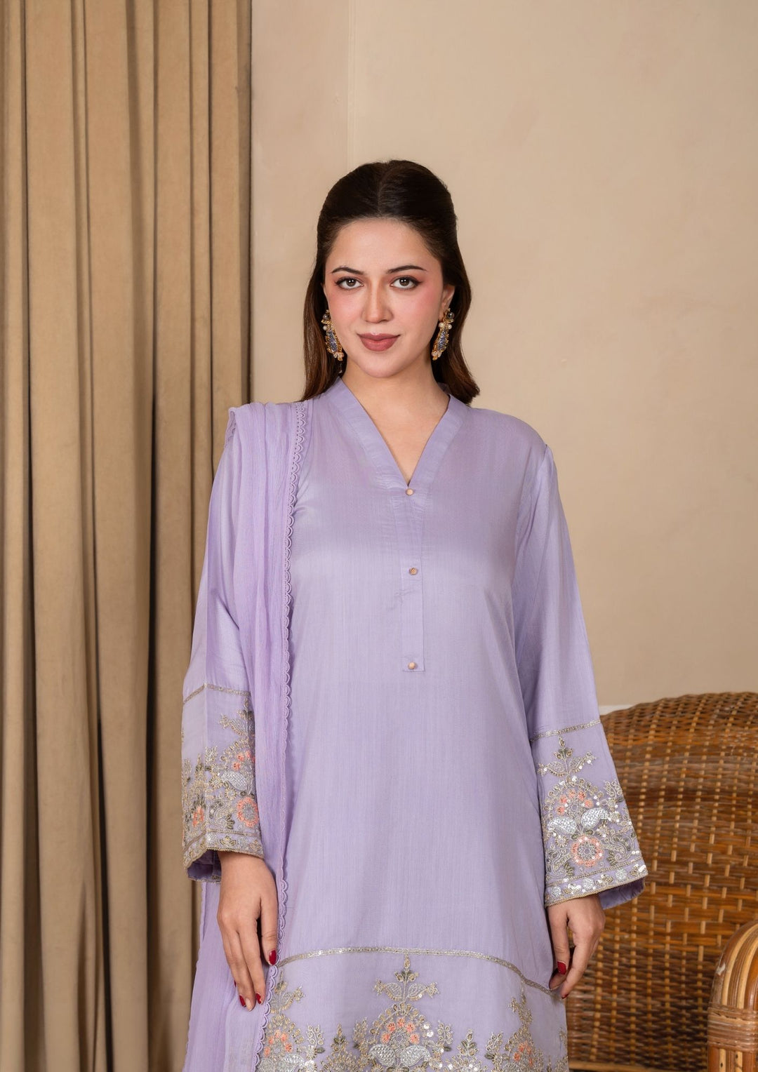 3Pc Embroidered Silk Viscose with Farshi Shalwar Lilac JASHAN-J26-0006