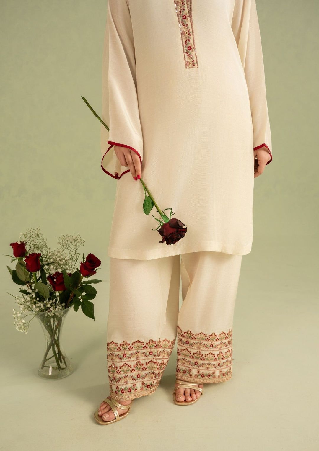 3Pc Embroidered Raw Silk with Organza Dupatta Cream | LUXE-L25-0001