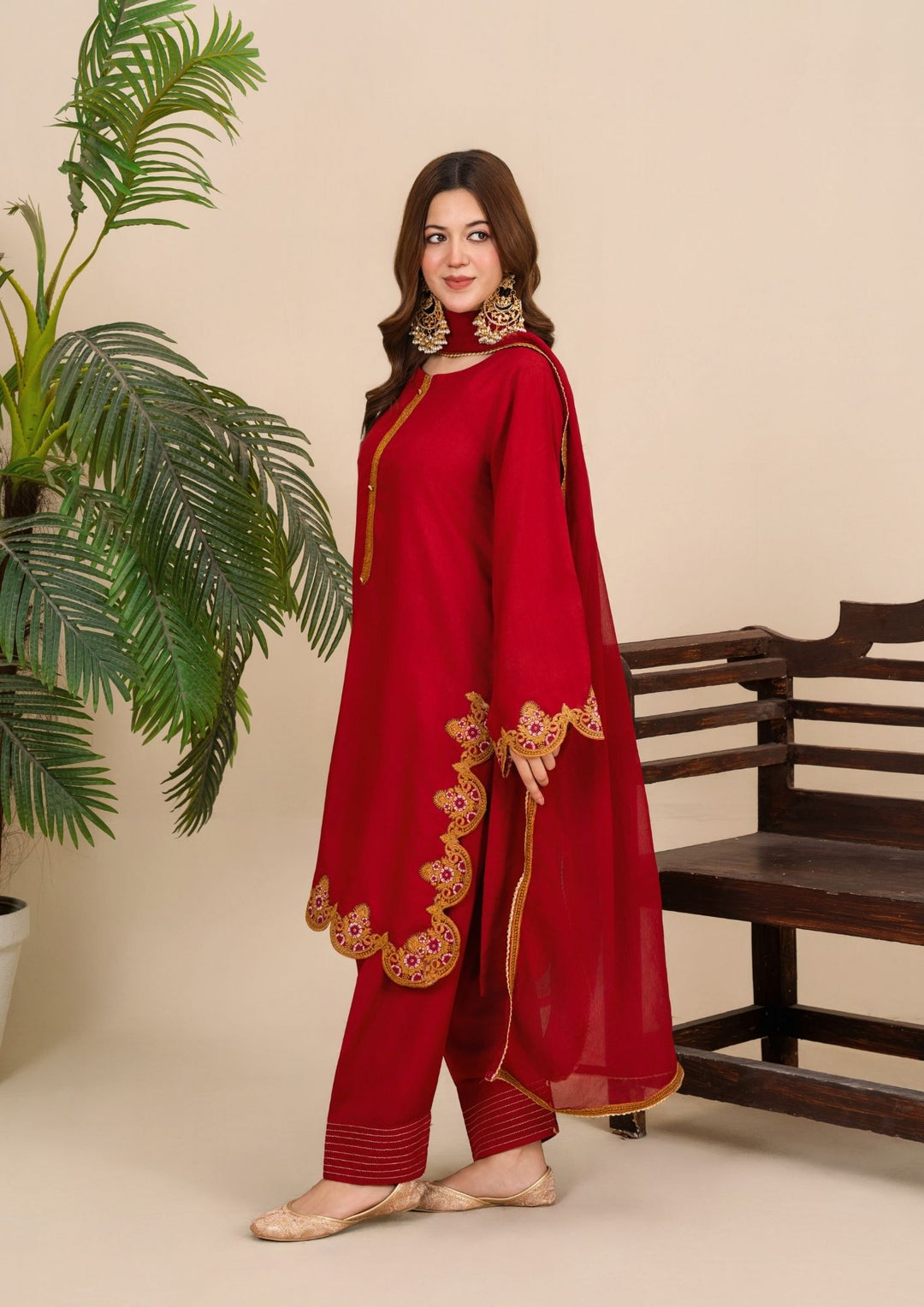 3Pc Embroidered Silk Viscose with Shalwar Red JASHAN-J26-0020