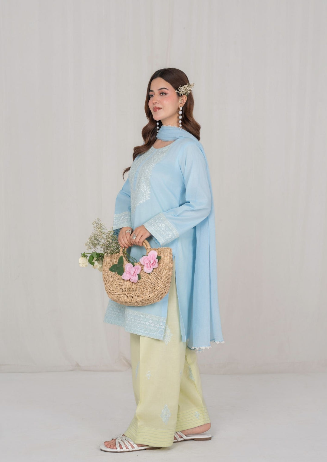 3Pc Ice Blue Embroidered Lawn with Chiffon Dupatta RIW-R26-0006