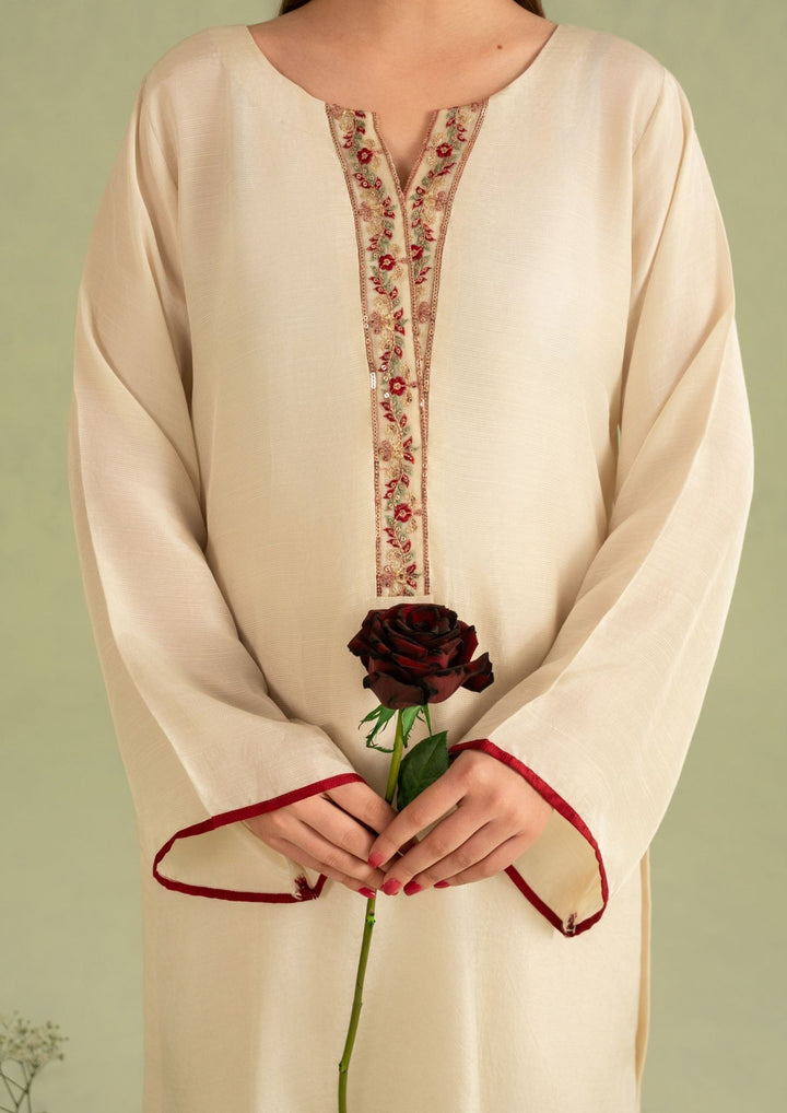 3Pc Embroidered Raw Silk with Organza Dupatta Cream | LUXE-L25-0001