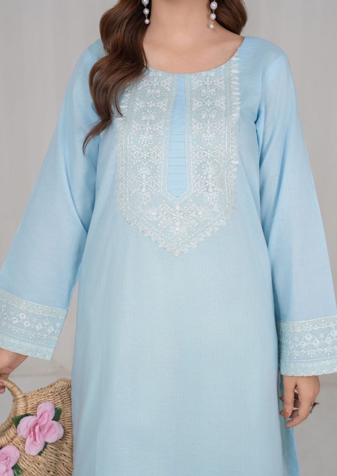 3Pc Ice Blue Embroidered Lawn with Chiffon Dupatta RIW-R26-0006