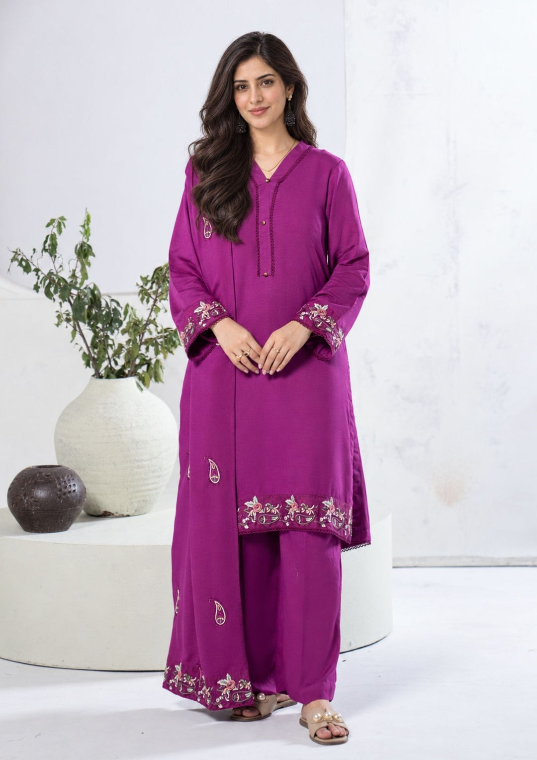 3Pc Embroidered Alpine Karandi Magenta SAY-W26-0007