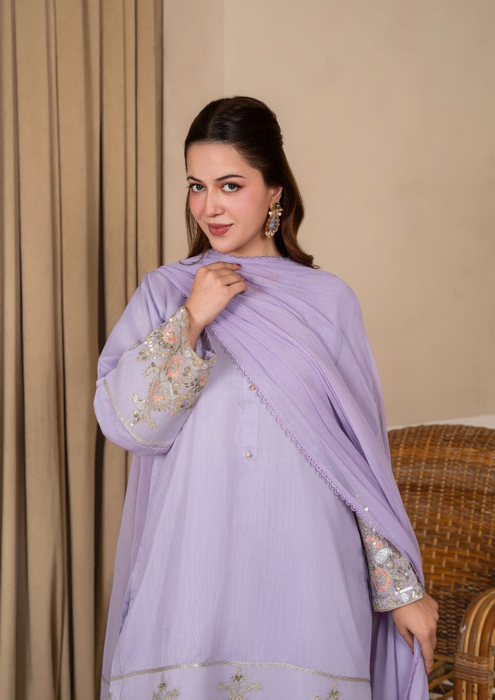 3Pc Embroidered Silk Viscose with Farshi Shalwar Lilac JASHAN-J26-0006