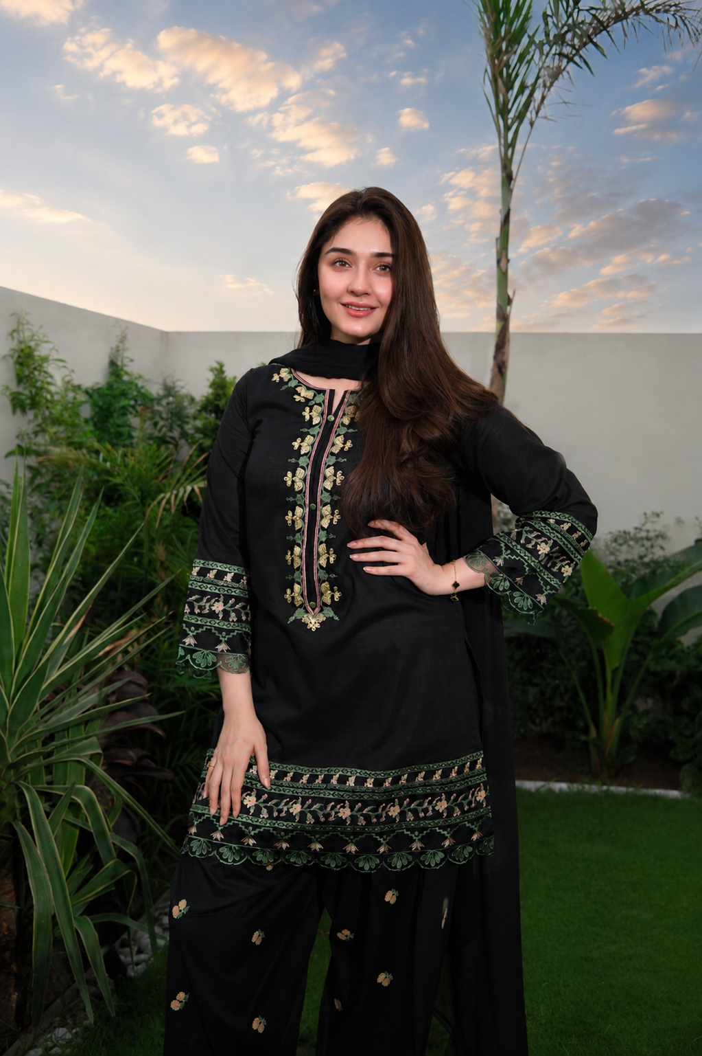 3Pc Black Embroidered Lawn with Chiffon Dupatta RIW-R26-0001