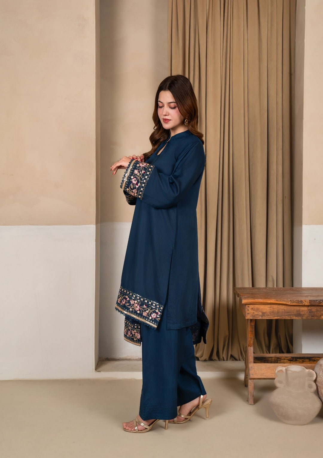 3Pc Embroidered Silk Viscose with Farshi Shalwar Steel Blue JASHAN-J26-0002