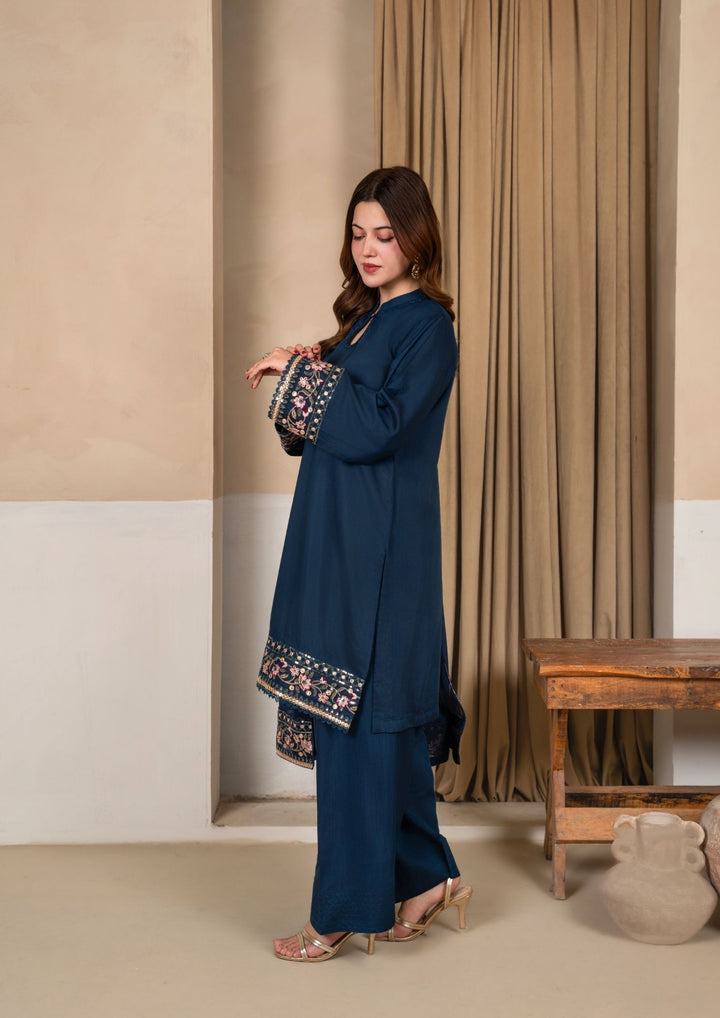 3Pc Embroidered Silk Viscose with Farshi Shalwar Steel Blue JASHAN-J26-0002