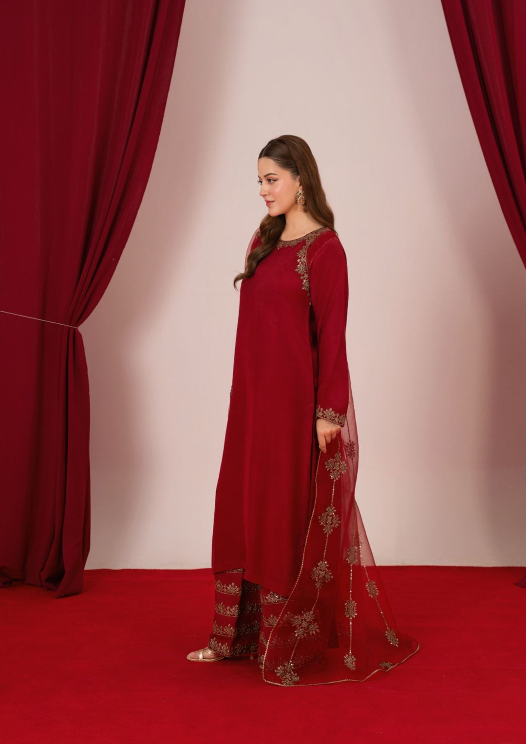 3Pc Embroidered Raw Silk with Organza Dupatta Maroon | LUXE-L25-0002