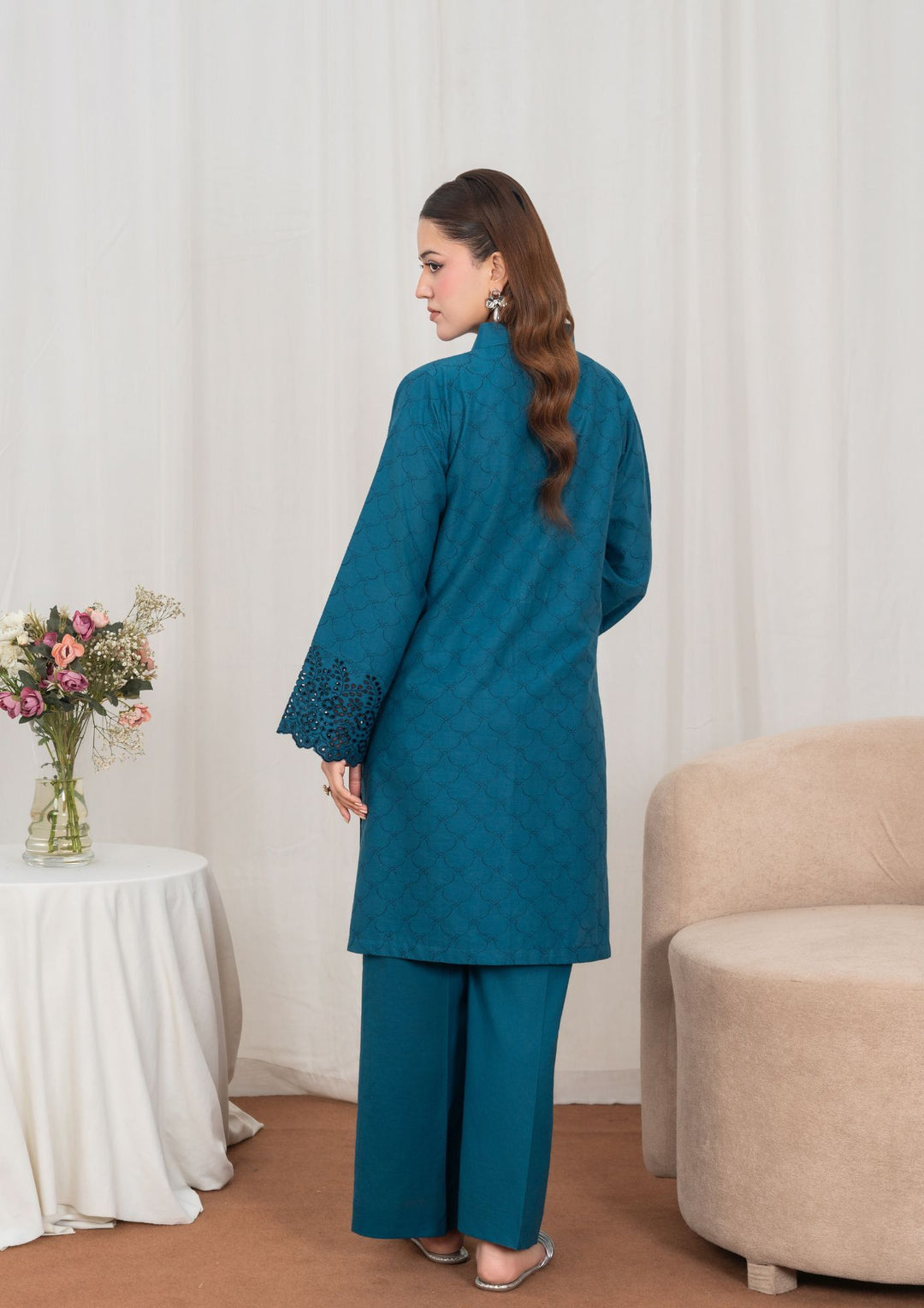 2pc Schiffli Embroidered Cambric Teal Set JASHAN-J26-0045