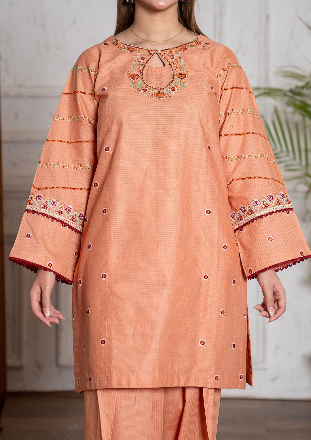 3Pc Multi Embroidered Lawn with Chiffon Dupatta Peach RIW-R26-0042