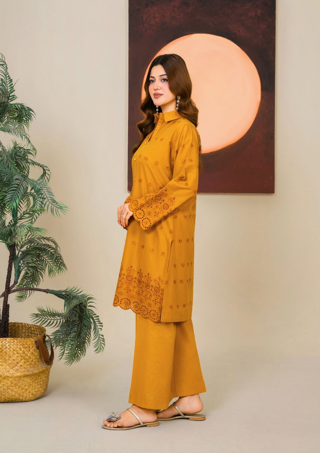 2pc Schiffli Embroidered Cambric Mustard Set | BASANT-B25-0006