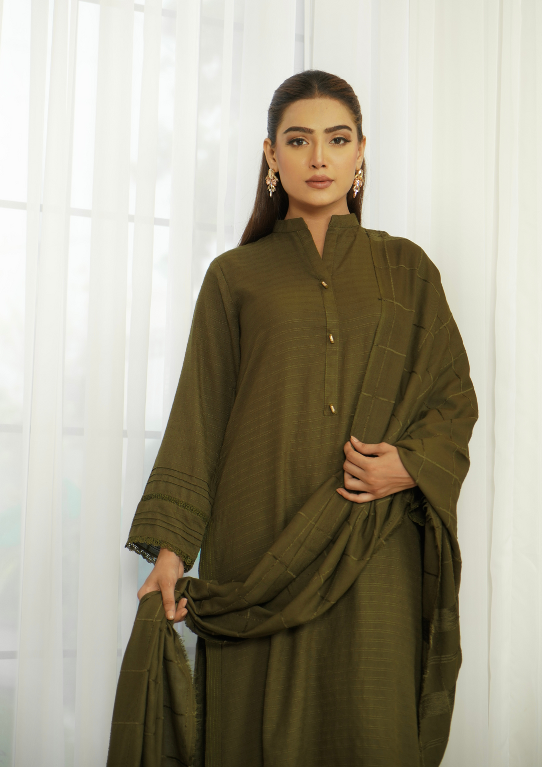 3pc Alpine Rib Shirt with Velvet Border Shawl and Plain Trouser W24-VEL-0001