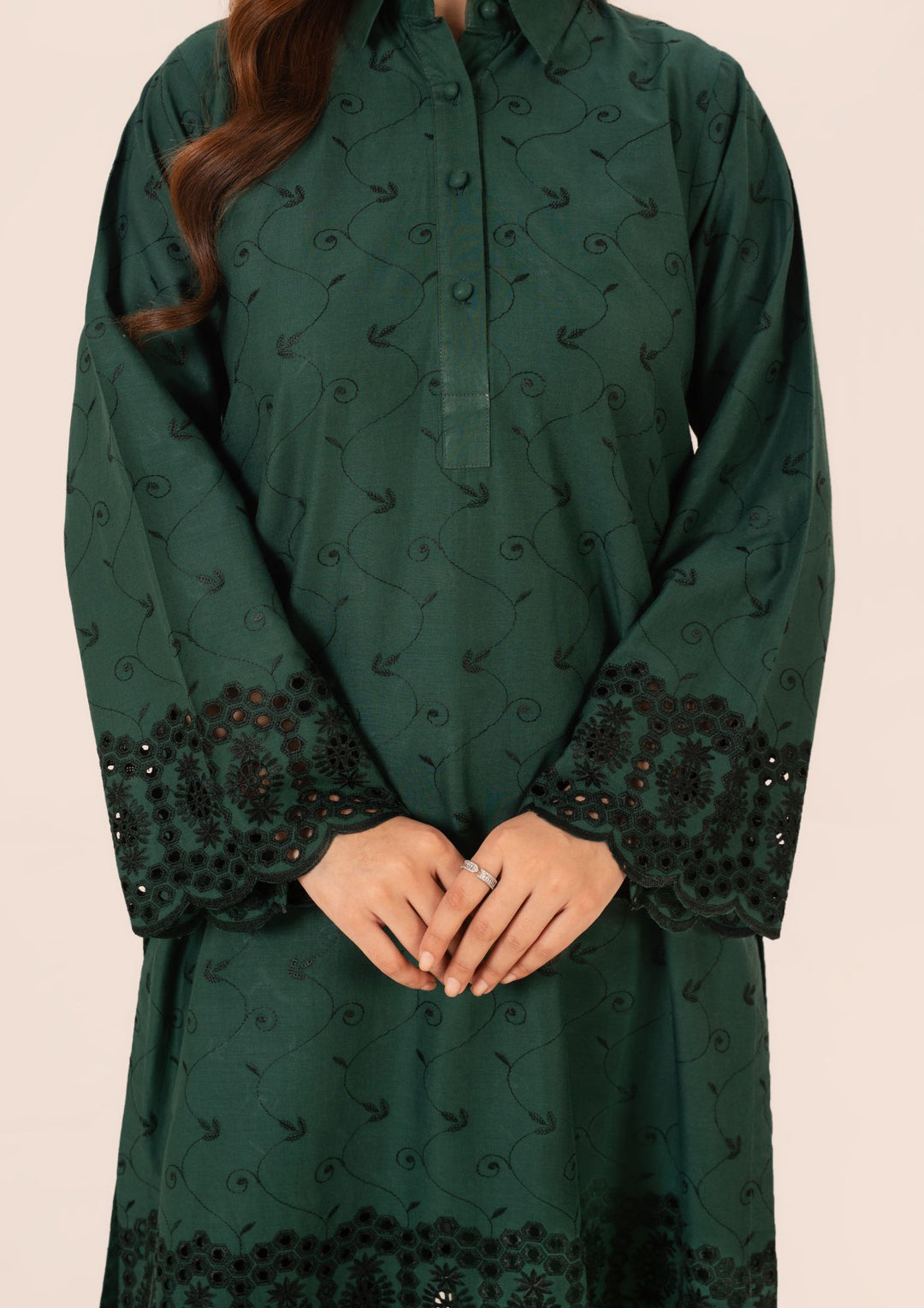 2pc Schiffli Embroidered Cambric Bottle Green Set Rozana-W25-0026