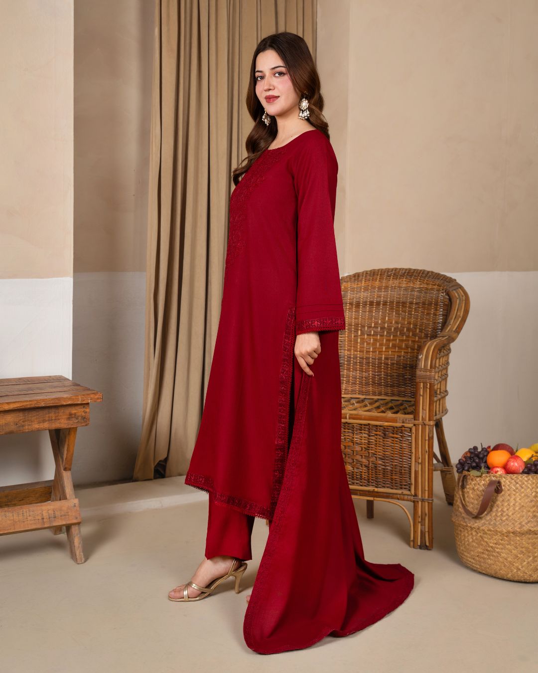 3pc Embroidered Alpine Karandi with Embroidered Border Shawl Maroon AML-W25-0102