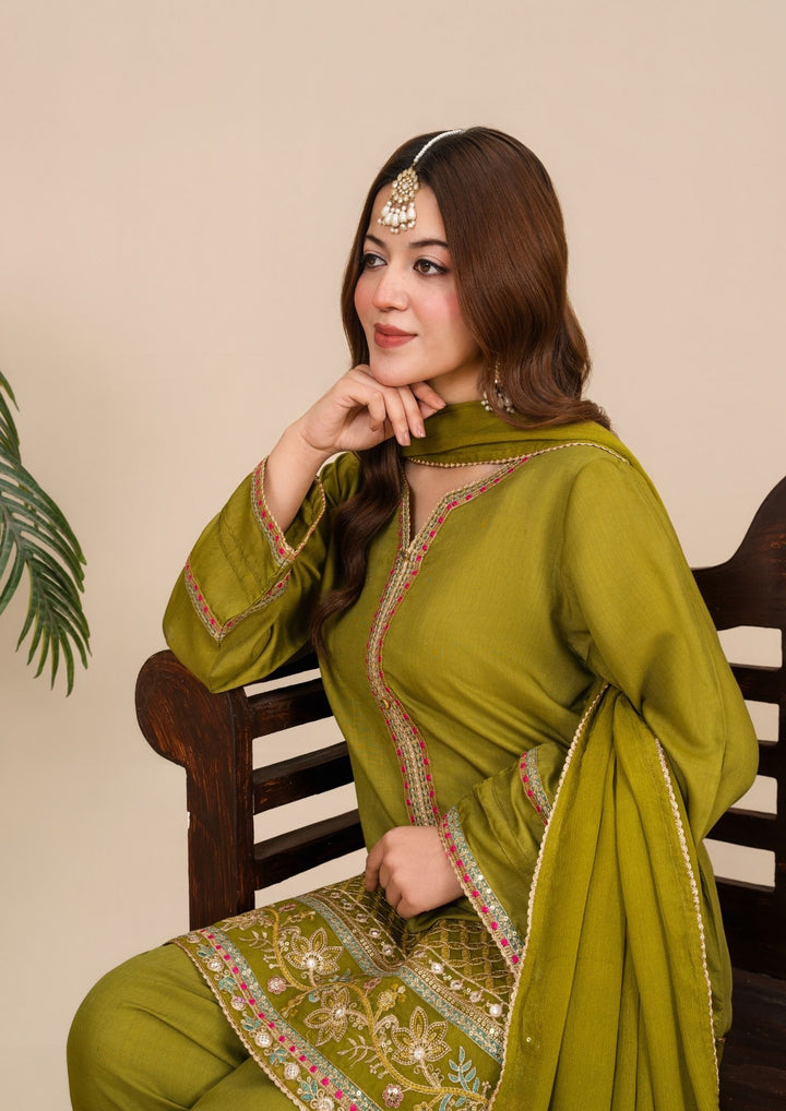 3-Piece Silk Viscose Suit with Chiffon Dupatta & Farshi Shalwar | BASANT-B25-0001